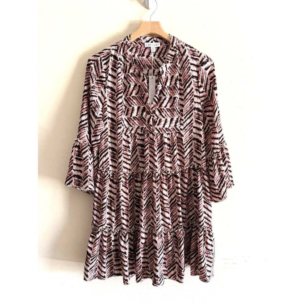 She + Sky Dress Tiered Chiffon Long Sleeved Ruffled‎ Medium Boho Western NWT